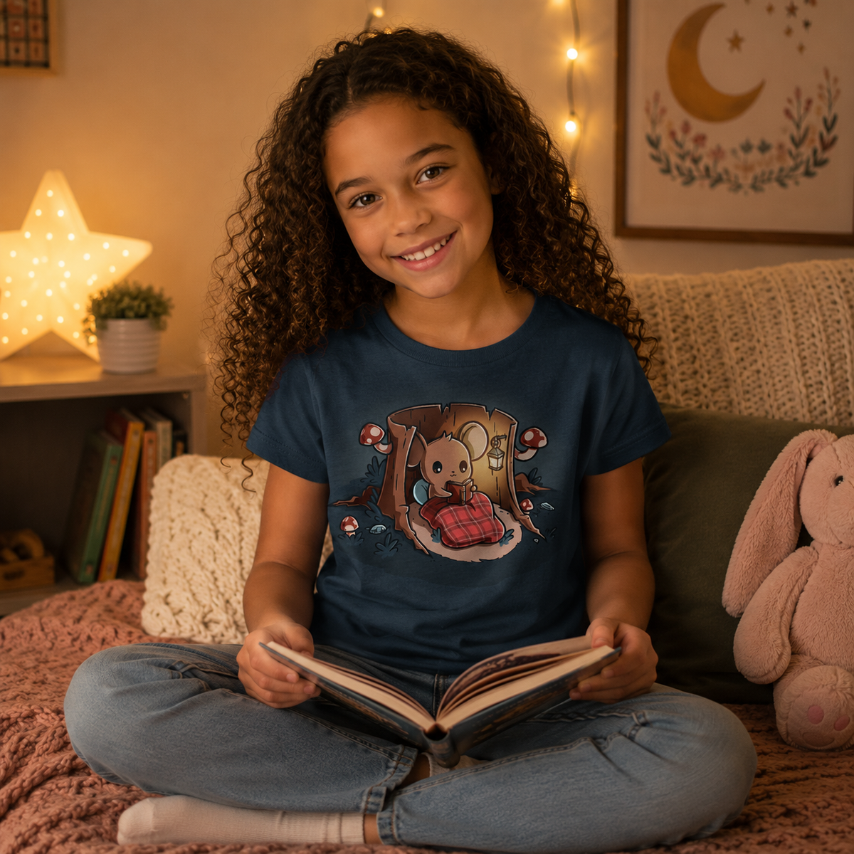 Kids' Classic T-shirt_TeeTurtle dark teal Cozy Reading Nook Kids' Classic T-shirt featuring a cute mouse reading a book inside a hollow tree stump while tucked under a red plaid blanket, surrounded by mushrooms and a glowing lantern.