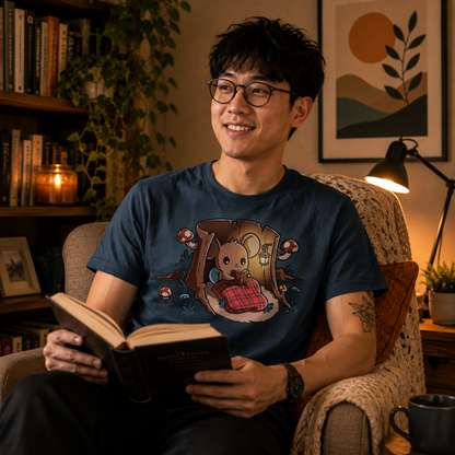 Men's Premium T-shirt_TeeTurtle dark teal Cozy Reading Nook Men's Premium T-shirt featuring a cute mouse reading a book inside a hollow tree stump while tucked under a red plaid blanket, surrounded by mushrooms and a glowing lantern.
