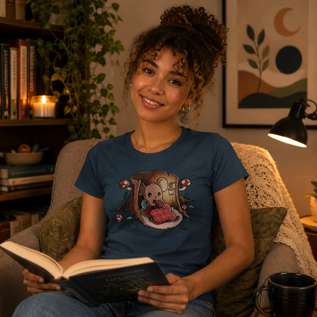 Women's Premium T-shirt_TeeTurtle dark teal Cozy Reading Nook Women's Premium T-shirt featuring a cute mouse reading a book inside a hollow tree stump while tucked under a red plaid blanket, surrounded by mushrooms and a glowing lantern.