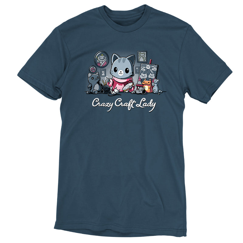 A blue TeeTurtle Crazy Craft Lady t-shirt for the craft enthusiast.