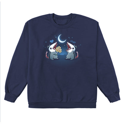 Crew Neck Sweatshirt_TeeTurtle  navy blue AAAH Love You apparel featuring two an opossum handing flowers to another opossum exclaiming, "AAAH!" under a moonlit sky.