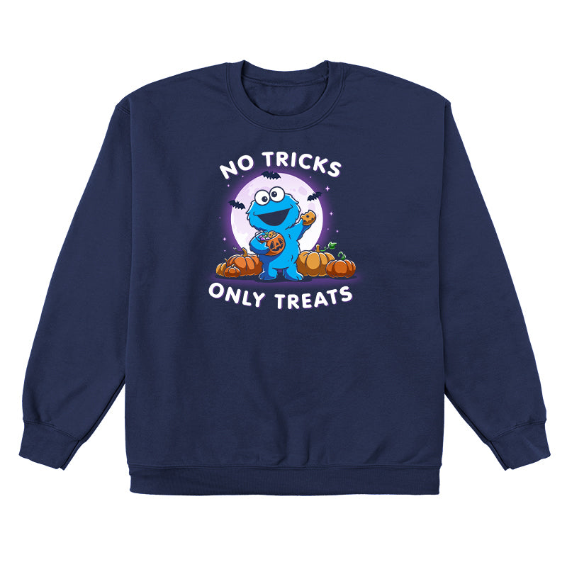 Crew Neck Sweatshirt_TeeTurtle navy blue No Tricks Only Treats (Cookie Monster) apparel featuring Cookie Monster holding a cookie and a pumpkin basket of treats with pumpkins, bats, and a full moon in the background, and the caption, “No Tricks, Only Treats“.