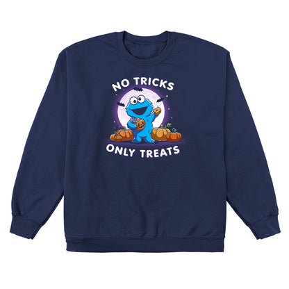 Crew Neck Sweatshirt_TeeTurtle navy blue No Tricks Only Treats (Cookie Monster) apparel featuring Cookie Monster holding a cookie and a pumpkin basket of treats with pumpkins, bats, and a full moon in the background, and the caption, “No Tricks, Only Treats“.