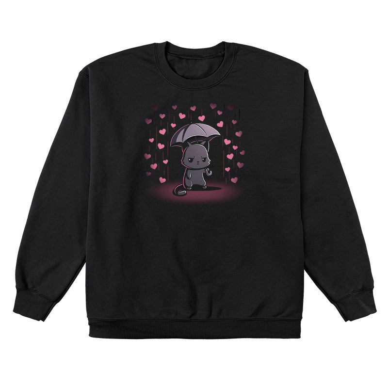 Crew Neck Sweatshirt_TeeTurtle black Feeling Forecast Nope Long Crew Neck Sweatshirt featuring a cat frowning and holding an umbrella, in the background there is pink rain with hearts.