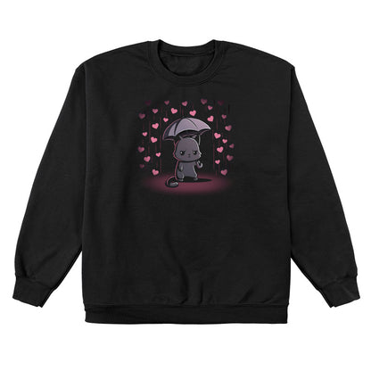 Crew Neck Sweatshirt_TeeTurtle black Feeling Forecast Nope Long Crew Neck Sweatshirt featuring a cat frowning and holding an umbrella, in the background there is pink rain with hearts.