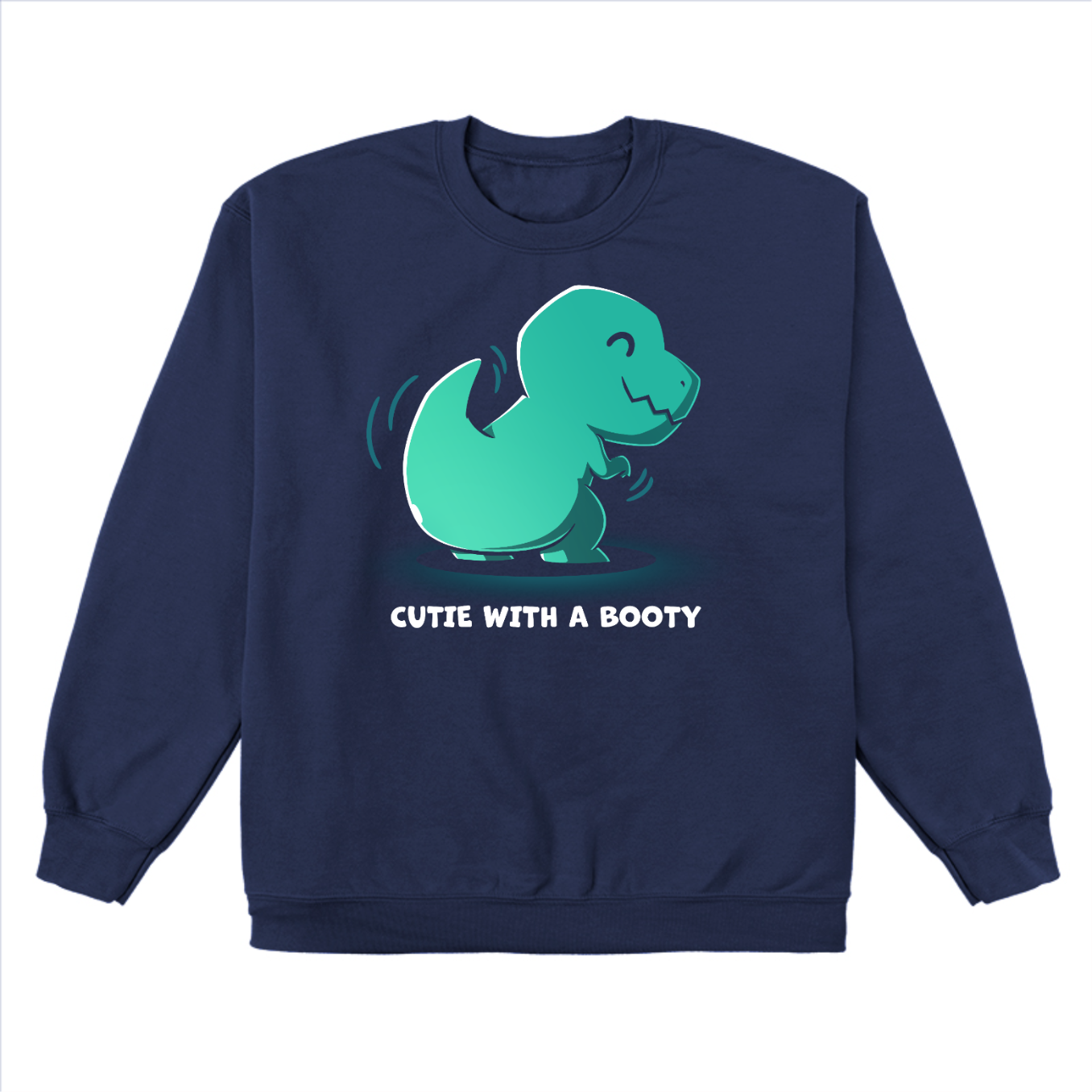 Crew Neck Sweatshirt_TeeTurtle navy Cutie With a Booty Crew Neck Sweatshirt featuring a happy green t-rex dinosaur wiggling its booty along with the text "Cutie With a Booty" 