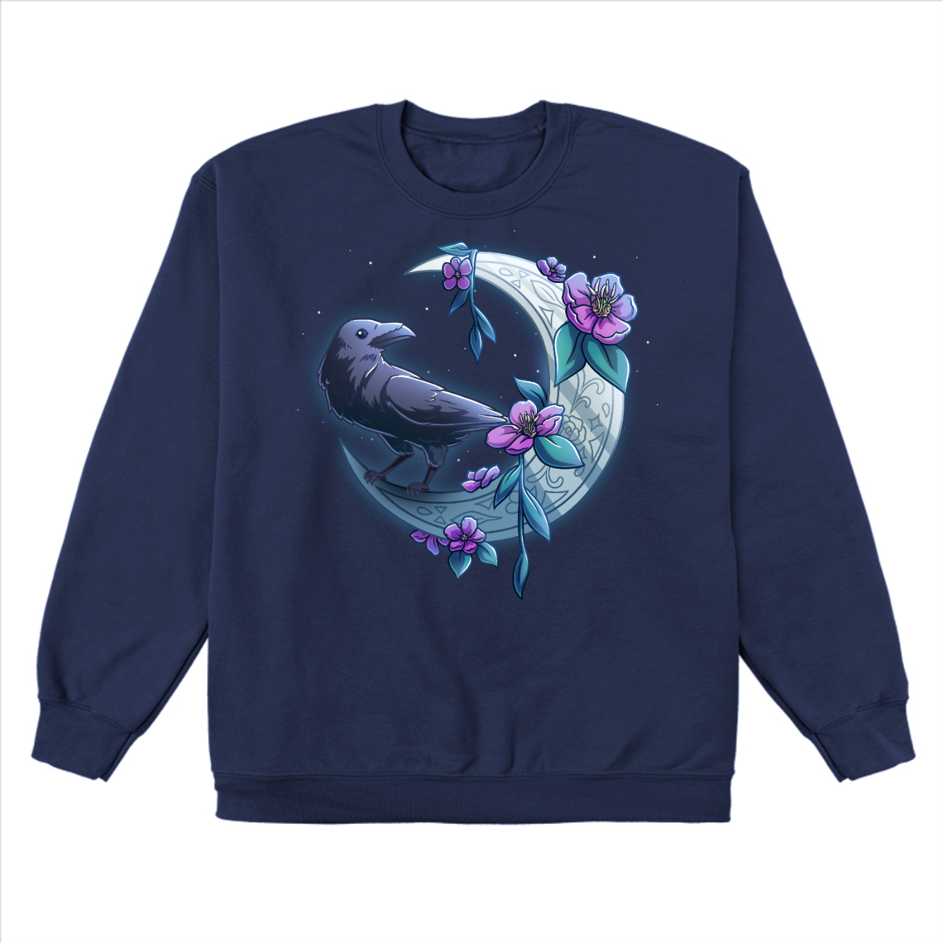 Crew Neck Sweatshirt_TeeTurtle navy blue Midnight Perch Crew Neck Sweatshirt featuring a raven perched and glowing atop a fancy crescent moon with pink flowers and stars in the background
