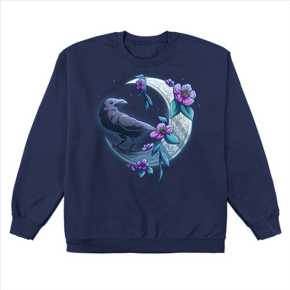 Crew Neck Sweatshirt_TeeTurtle navy blue Midnight Perch Crew Neck Sweatshirt featuring a raven perched and glowing atop a fancy crescent moon with pink flowers and stars in the background