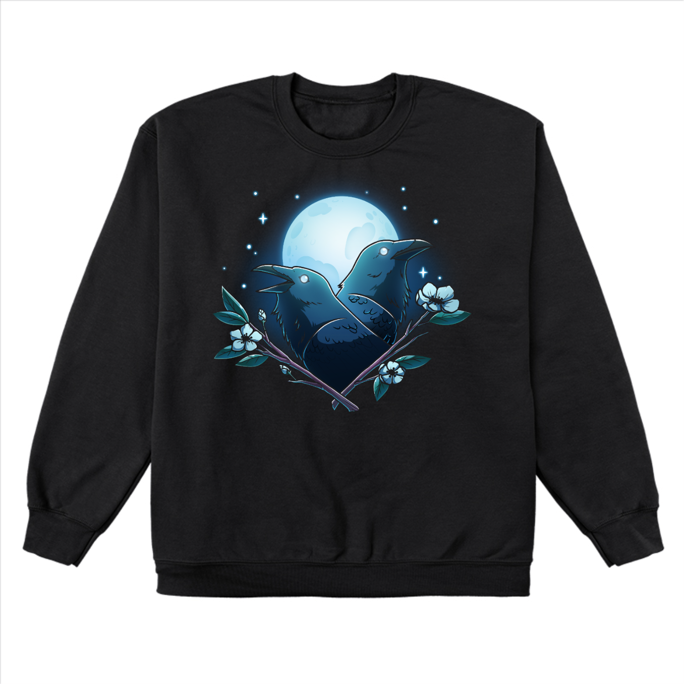 Crew Neck Sweatshirt _TeeTurtle black Caw-smic Connection Crew Neck Sweatshirt featuring two ravens, two floral branches and a glowing full moon in the background