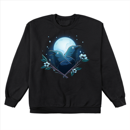 Crew Neck Sweatshirt _TeeTurtle black Caw-smic Connection Crew Neck Sweatshirt featuring two ravens, two floral branches and a glowing full moon in the background