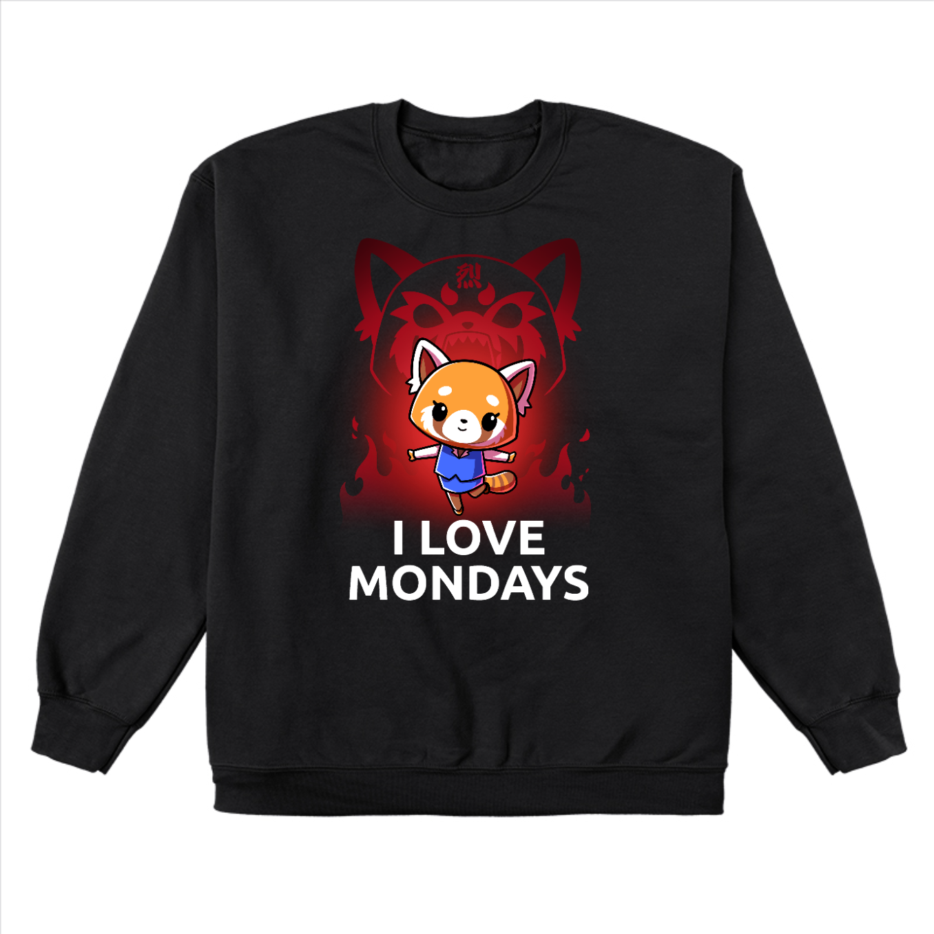 Crew Neck Sweatshirt_TeeTurtle black I Love Mondays apparel featuring Retsuko in a happy pose with a red enraged spirit projection of her in the background, and the caption, “I Love Mondays“.