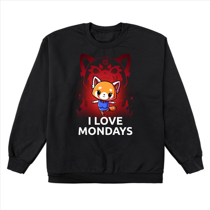 Crew Neck Sweatshirt_TeeTurtle black I Love Mondays apparel featuring Retsuko in a happy pose with a red enraged spirit projection of her in the background, and the caption, “I Love Mondays“.
