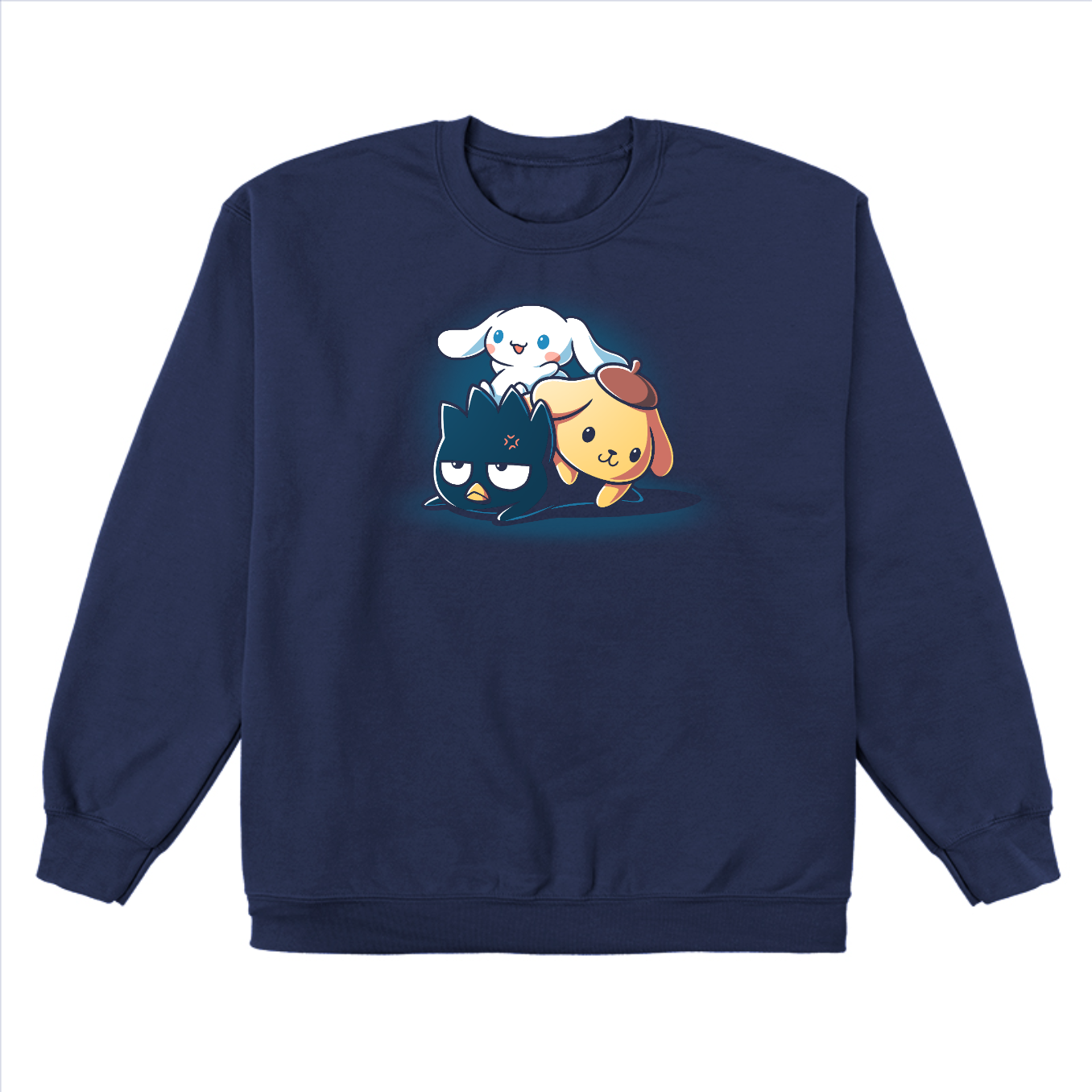 Crew Neck Sweatshirt_TeeTurtle Cinnamoroll, Badtz-Maru, and Pompompurin navy blue t-shirt featuring the characters stacked on top of each other with Cinnamoroll on top, Pompompurin in the middle, and Badtz-Maru on the bottom looking unamused.