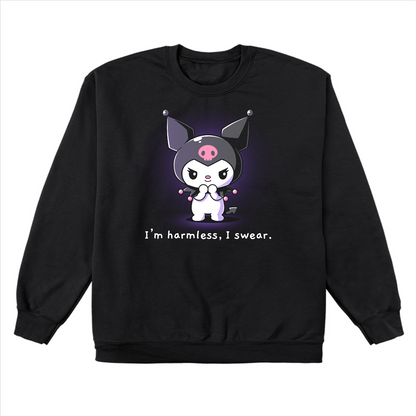 Crew Neck Sweatshirt_TeeTurtle black I'm Harmless, I Swear apparel featuring Kuromi with a mischievous expression and her paws clasped together underneath her chin with the bottom caption, “I'm Harmless, I Swear.“.