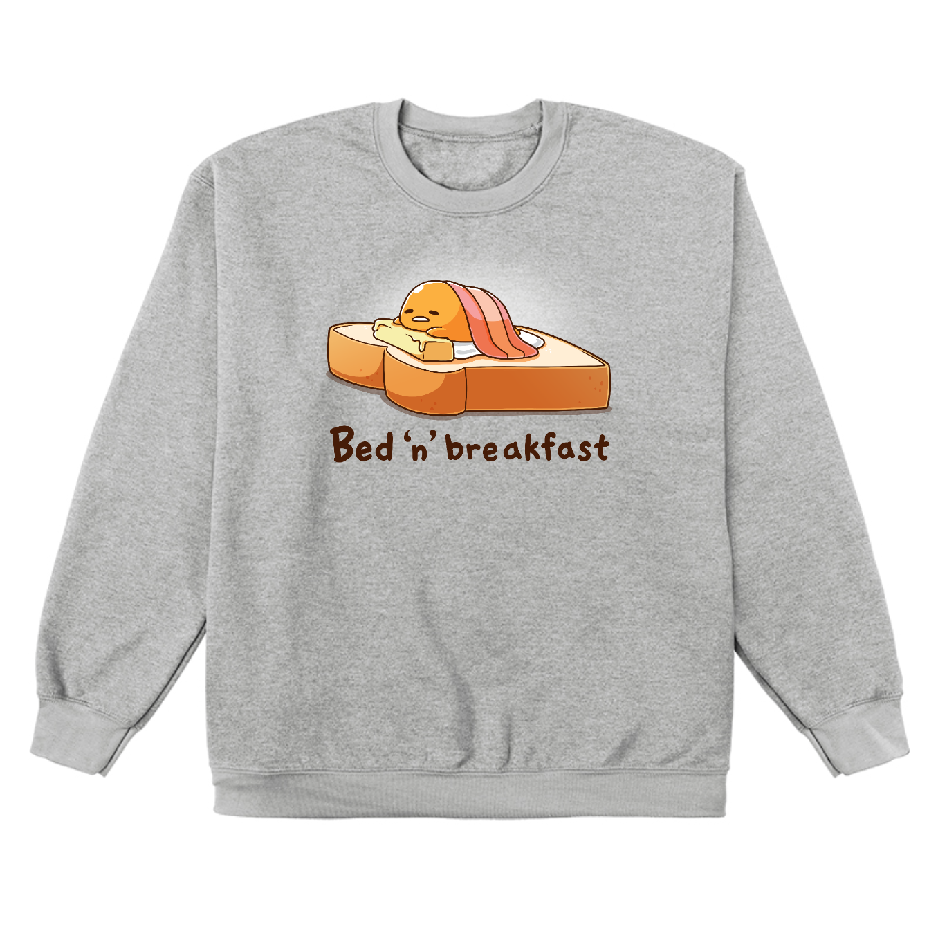 Crew Neck Sweatshirt_TeeTurtle heather gray Bed 'n' Breakfast (Gudetama) apparel featuring Gudetama using a piece of toast as a bed, a slice of butter as a pillow, and bacon as a blanket.