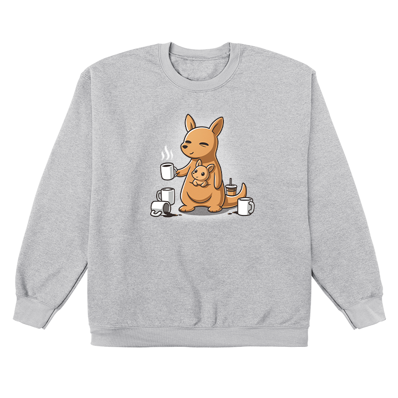 Crew Neck Sweatshirt_TeeTurtle heather gray Mom’s Morning Coffee apparel featuring a kangaroo with its joey in its pouch, wherein the parent kangaroo is holding a cup of coffee and is surrounded by empty coffee cups.