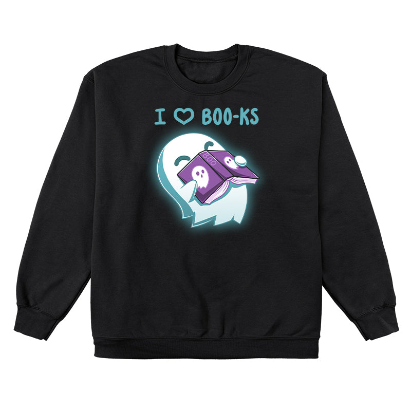 Crew Neck Sweatshirt_TeeTurtle black I Heart Boo-ks apparel featuring a happy ghost inhaling the scent of a book with the caption, "I <3 Boo-ks".