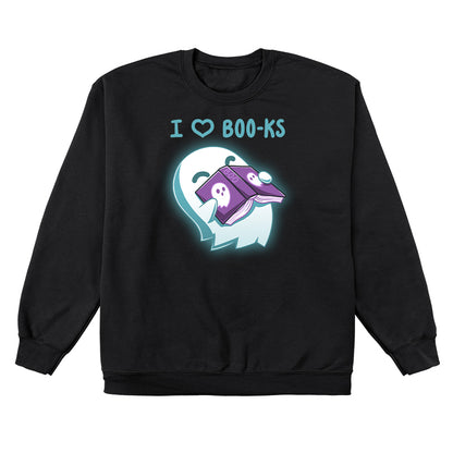 Crew Neck Sweatshirt_TeeTurtle black I Heart Boo-ks apparel featuring a happy ghost inhaling the scent of a book with the caption, "I <3 Boo-ks".