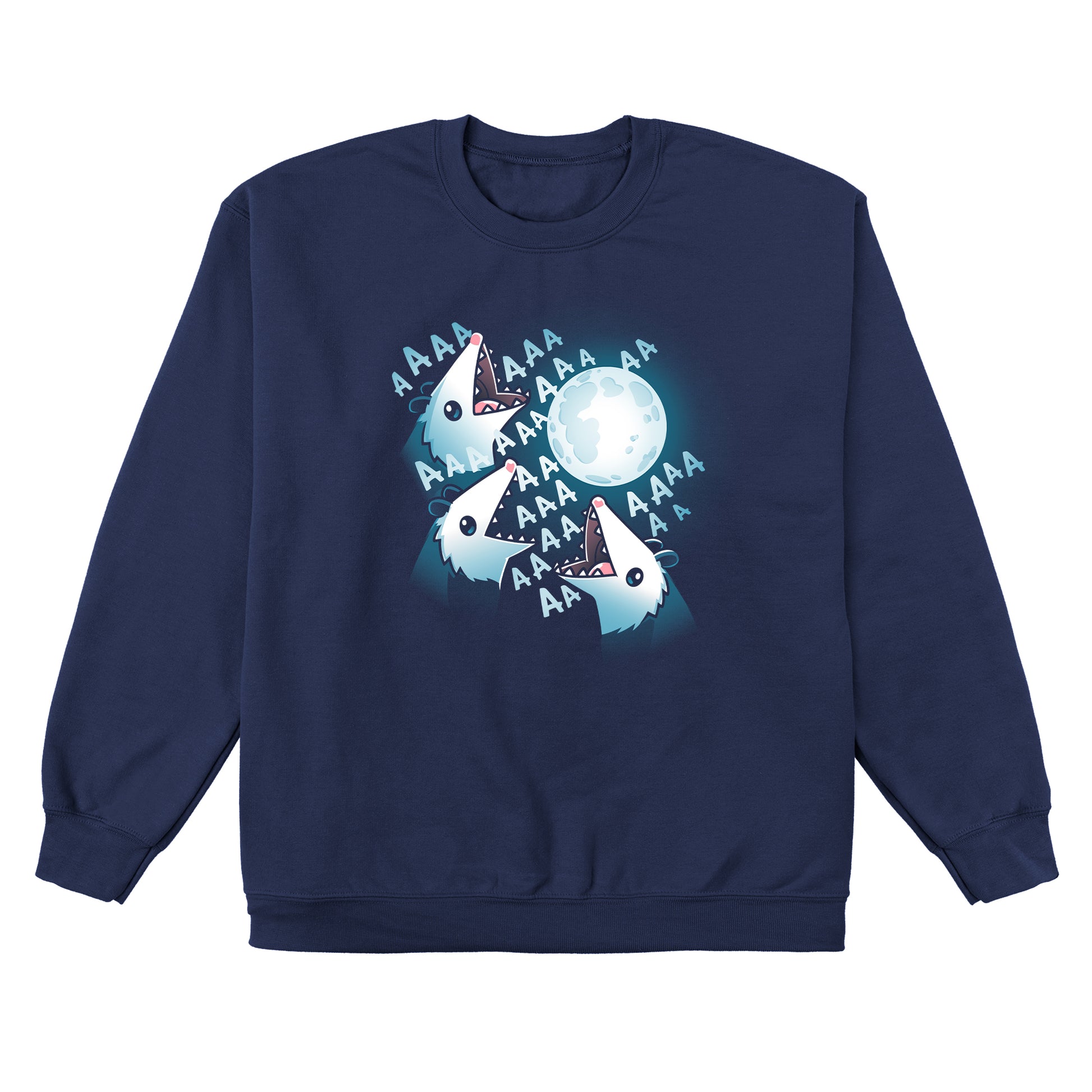 Crew Neck Sweatshirt_TeeTurtle 3 Opossum Moon navy blue design featuring three opossums screaming at a glowing full moon with "AAA" repeated around their open mouths in this nature scene. 