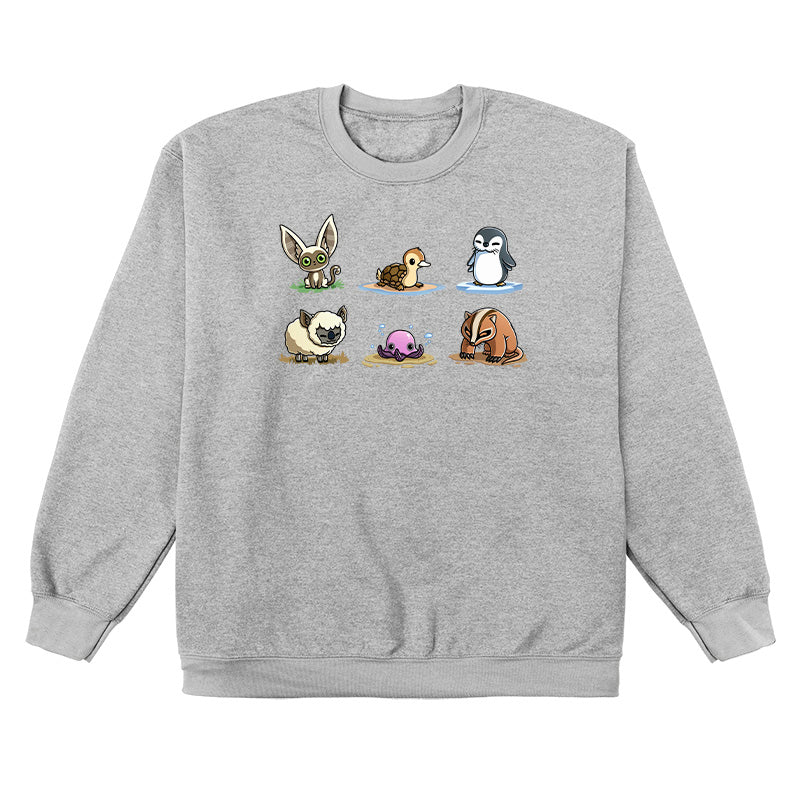 Crew Neck Sweatshirt_TeeTurtle heather gray Avatar Animal Friends apparel featuring Momo, turtle duck, otter penguin, koala sheep, purple pentapus, and badgermole in a grid.