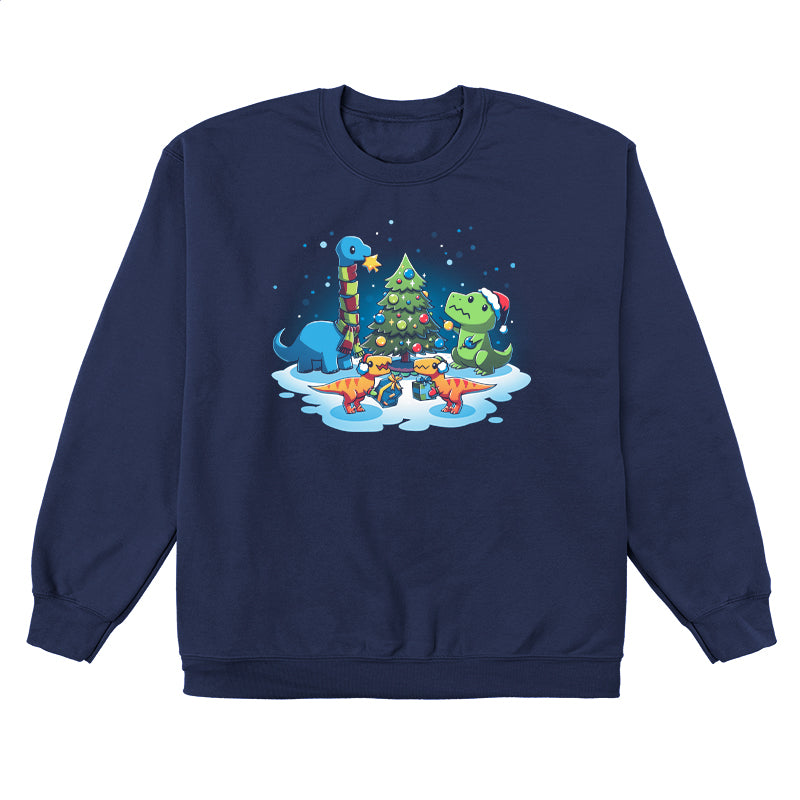 Crew Neck Sweatshirt_TeeTurtle A Very Dino Christmas navy blue design featuring dinosaurs celebrating around a decorated Christmas tree with snow on the ground and dinosaurs holding presents.