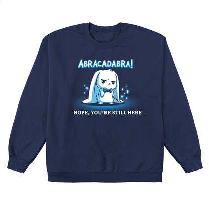 Crew Neck Sweatshirt_TeeTurtle Abracadabra navy blue t-shirt featuring a serious-looking white rabbit wearing a bow tie and holding a magic wand 