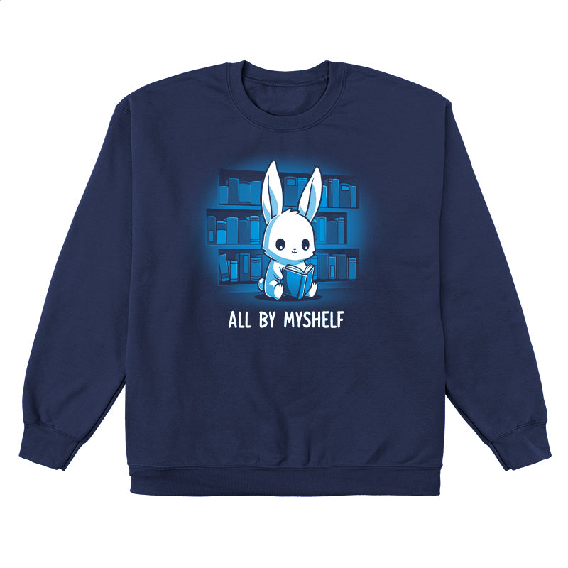 Crew Neck Sweatshirt_TeeTurtle All By MyShelf navy blue t-shirt featuring a cute white rabbit sitting in front of bookshelves, reading a book, with the text "All By MyShelf" written below.