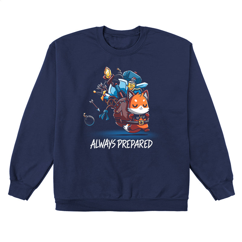 Crew Neck Sweatshirt_TeeTurtle Always Prepared navy blue t-shirt featuring a fantasy cartoon fox dressed as an adventurer carrying an oversized backpack filled with weapons and tools.