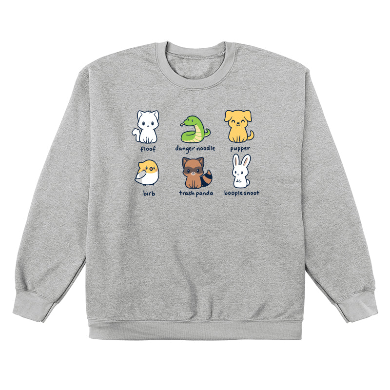 Crew Neck Sweatshirt_Illustration of six quirky animals labeled with playful names: floof (cat), danger noodle (snake), pupper (dog), birb (bird), trash panda (raccoon), and booplesnoot (rabbit) on a super soft ringspun cotton Animal Names apparel by monsterdigital.