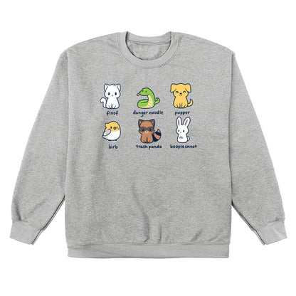 Crew Neck Sweatshirt_Illustration of six quirky animals labeled with playful names: floof (cat), danger noodle (snake), pupper (dog), birb (bird), trash panda (raccoon), and booplesnoot (rabbit) on a super soft ringspun cotton Animal Names apparel by monsterdigital.