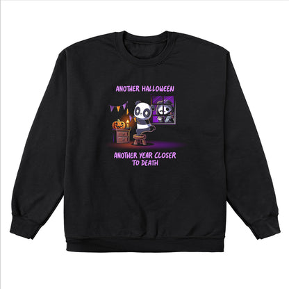 Crew Neck Sweatshirt_TeeTurtle black Another Halloween, Another Year Closer to Death featuring a panda hanging up birthday decorations with the Grim Reaper peeking through the window.