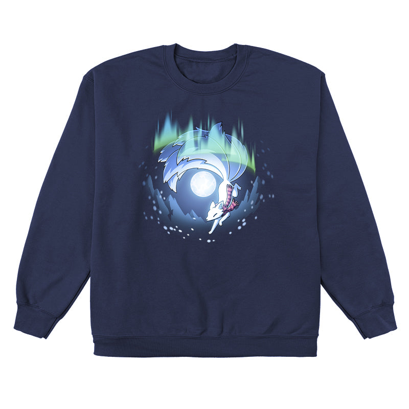 Crew Neck Sweatshirt_TeeTurtle navy blue Aurora Kitsune apparel featuring a white kitsune running through the aurora borealis with snowy mountains and a full moon in the background.