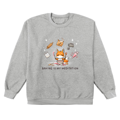 Crew Neck Sweatshirt_TeeTurtle heather gray Baking Is My Meditation sweatshirt featuring a peaceful fox in front of a bowl of batter holding baking tools with other baking tools floating around it in an arc.