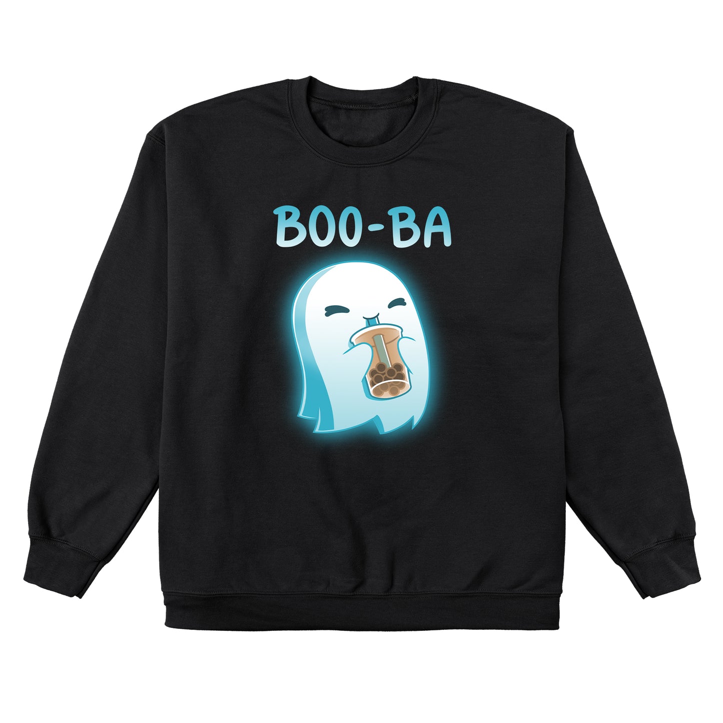 Crew Neck Sweatshirt_TeeTurtle Boo-ba black t-shirt featuring a cheerful ghost sipping a boba drink.