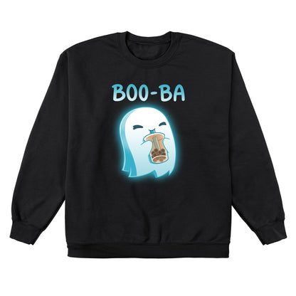 Crew Neck Sweatshirt_TeeTurtle Boo-ba black t-shirt featuring a cheerful ghost sipping a boba drink.