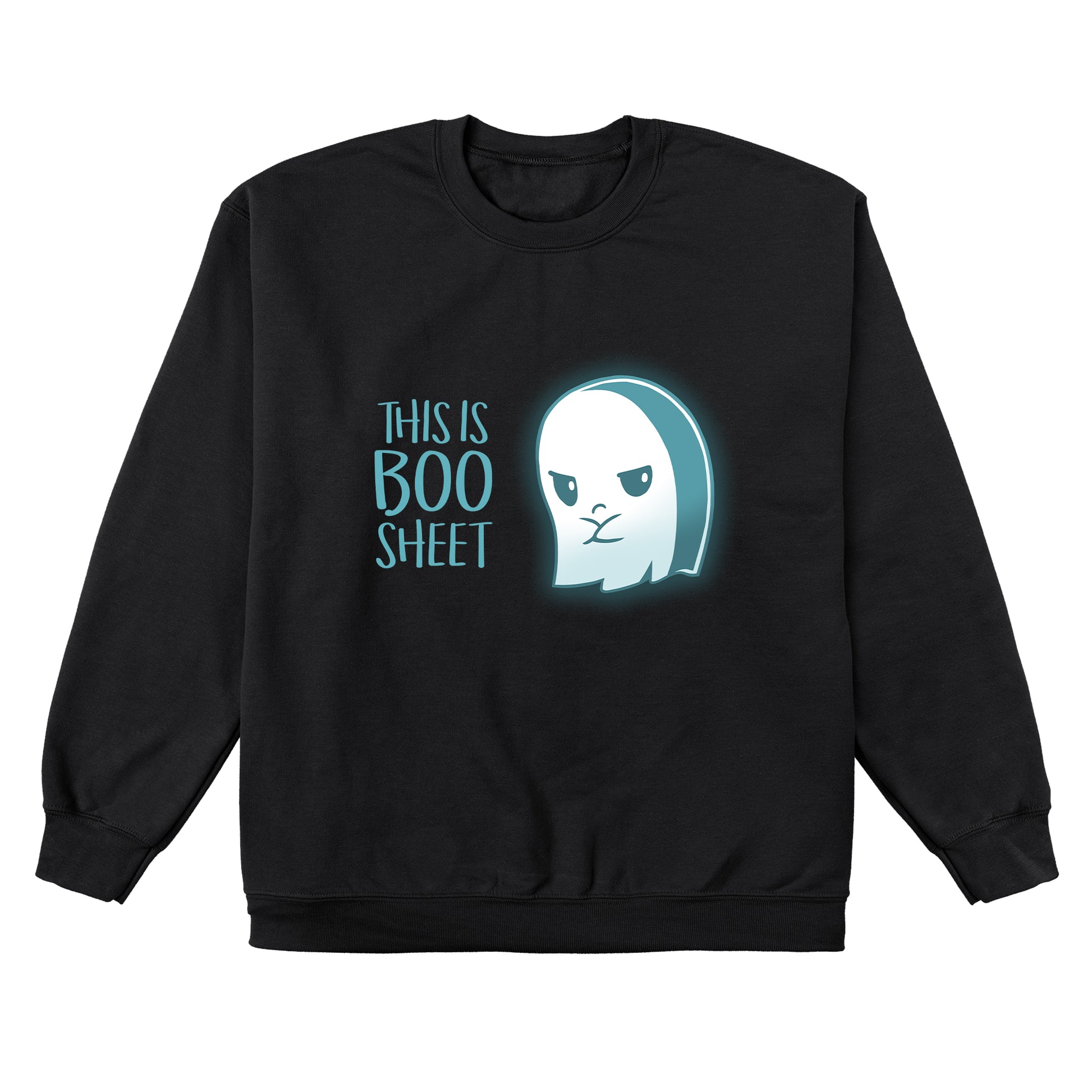 Crew Neck Sweatshirt_TeeTurtle black Boo Sheet. Featuring a grumpy ghost saying, "This is Boo Sheet".