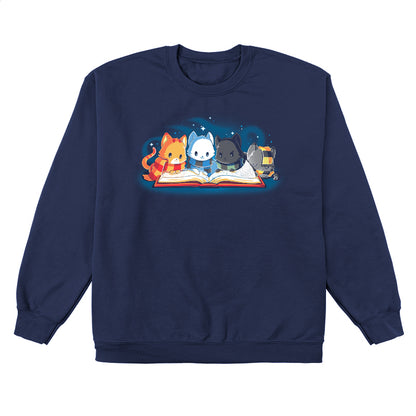 Crew Neck Sweatshirt_TeeTurtle navy blue Books Are Magic. Featuring a cat with a red and yellow scarf, a cat with a blue and black scarf, a cat with a green and black scarf, and a cat with a yellow and black scarf reading the same book together.