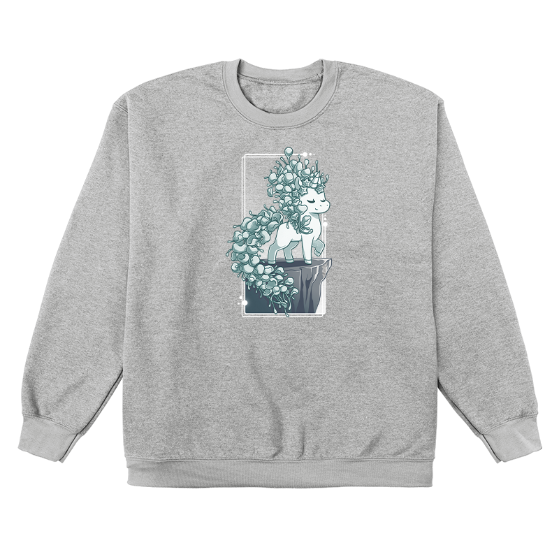 Crew Neck Sweatshirt_TeeTurtle heather gray Botanicorn apparel featuring a magical unicorn with a mane and tail made out of the plant silver falls, or silver nickel vine, standing elegantly with a hoof raised on a cliff.