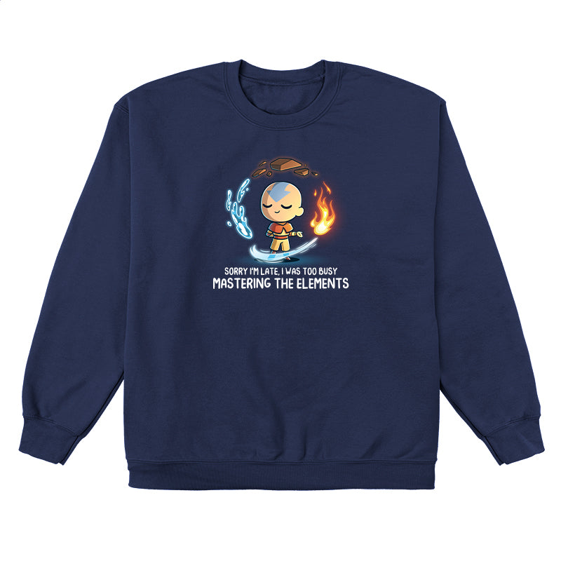 Crew Neck Sweatshirt_TeeTurtle navy blue Busy Mastering The Elements apparel featuring Aang from Avatar: The Last Airbender surrounded by levitating water, earth, fire, and air.