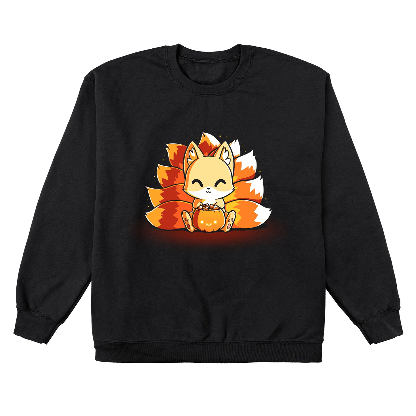 Crew Neck Sweatshirt_TeeTurtle Candy Corn Kitsune black t-shirt featuring a happy kitsune holding a Halloween jack-o-lantern full of candy corn.