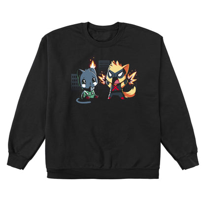 Crew Neck Sweatshirt_TeeTurtle black Cat Fight featuring two cats in superhero costumes with one cat crying since its ear on fire, and the other cat powering up with a city in the background.