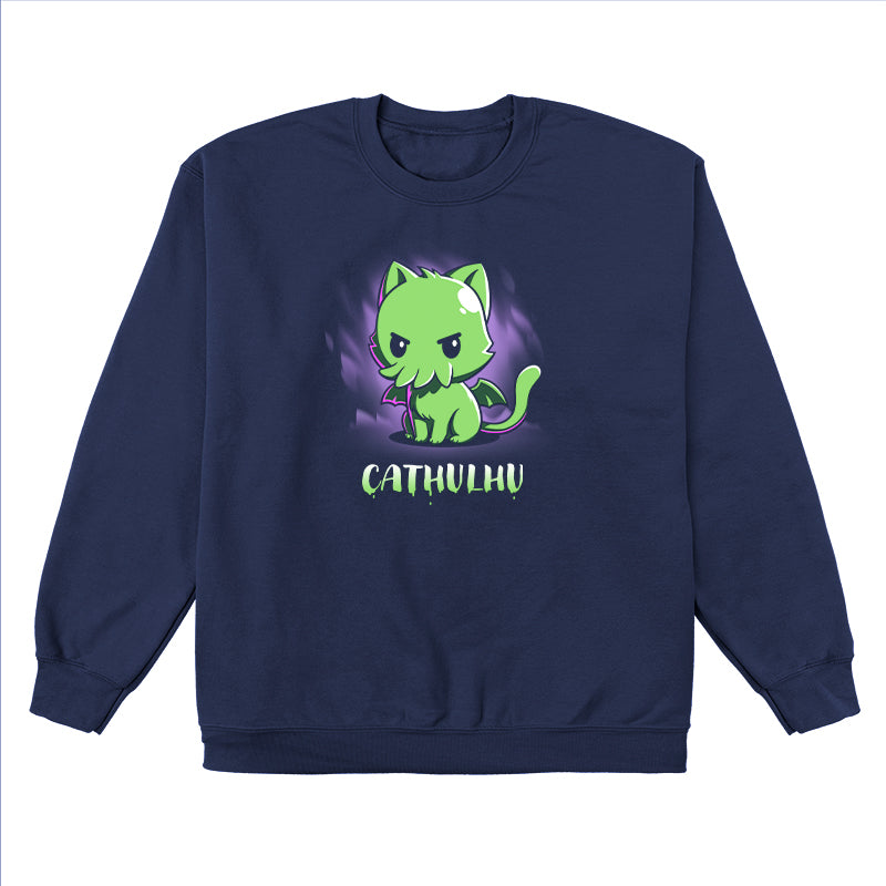 Crew Neck Sweatshirt_TeeTurtle Cathulhu navy blue design featuring a cat with tentacles.