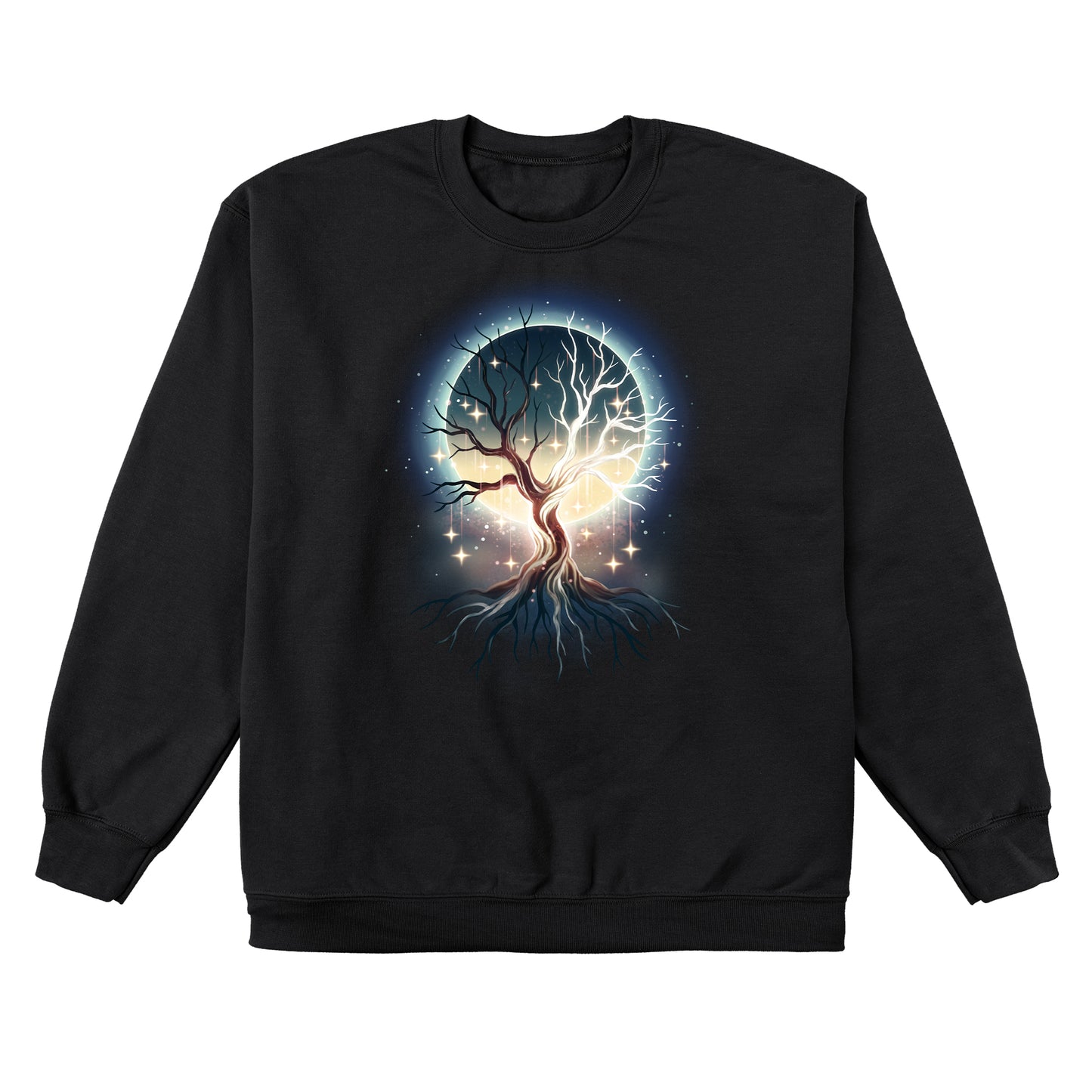 Crew Neck Sweatshirt_TeeTurtle black Celestial Tree sweatshirt featuring a floating tree with roots exposed with stars hanging from its branches and a full moon that can be seen in the background through the tree’s branches.