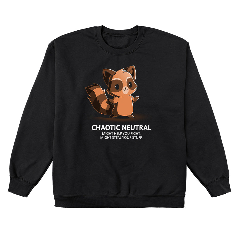 Crew Neck Sweatshirt_TeeTurtle chaotic-neutral black t-shirt featuring an illustration of a raccoon with a caption "Chaotic Neutral. Might help you fight. Might steal your stuff." The raccoon has a smug expression and stands against a dark background Chaotic Neutral