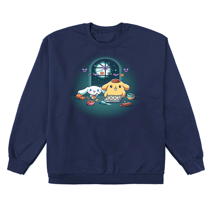 Crew Neck Sweatshirt_TeeTurtle navy blue Cinnamoroll and Pompompurin's Halloween Baking apparel featuring Cinnamoroll and Pompompurin baking ghost cookies with pumpkins and Halloween hanging decoration in the back on top of the window that looks out to the full moon and stars.