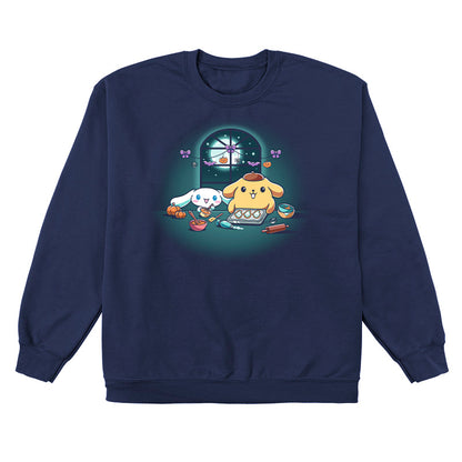 Crew Neck Sweatshirt_TeeTurtle navy blue Cinnamoroll and Pompompurin's Halloween Baking apparel featuring Cinnamoroll and Pompompurin baking ghost cookies with pumpkins and Halloween hanging decoration in the back on top of the window that looks out to the full moon and stars.