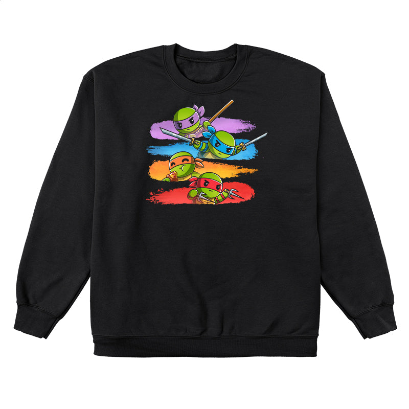 Crew Neck Sweatshirt_TeeTurtle black Colorful Teenage Mutant Ninja Turtles apparel featuring Donatello, Leonardo, and Raphael wielding their respective weapons, and Michelangelo eating pizza with individual backgrounds of color-coordinated brush strokes.