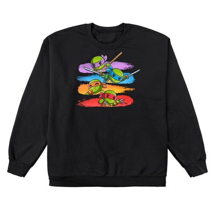 Crew Neck Sweatshirt_TeeTurtle black Colorful Teenage Mutant Ninja Turtles apparel featuring Donatello, Leonardo, and Raphael wielding their respective weapons, and Michelangelo eating pizza with individual backgrounds of color-coordinated brush strokes.