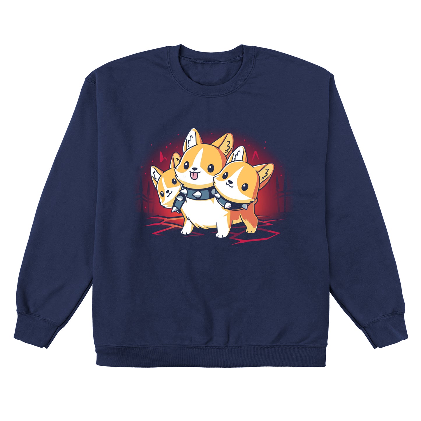 Crew Neck Sweatshirt_TeeTurtle navy blue Corgi Cerberus. Featuring a corgi wearing a spiked collar with three heads.