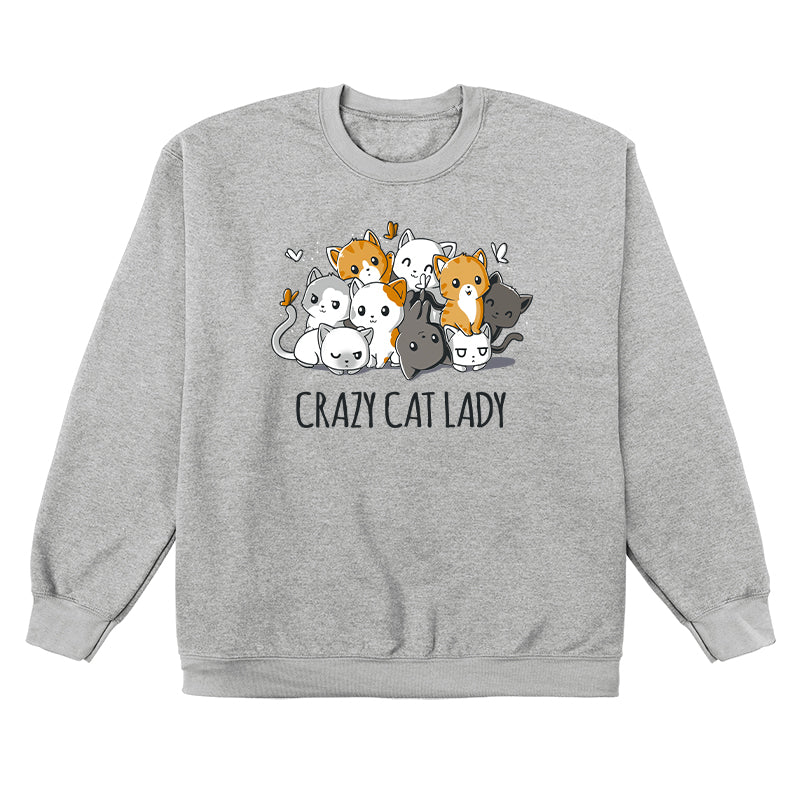 Crew Neck Sweatshirt_TeeTurtle heather gray Crazy Cat Lady. Featuring a pile of cats in different colors cuddling together.